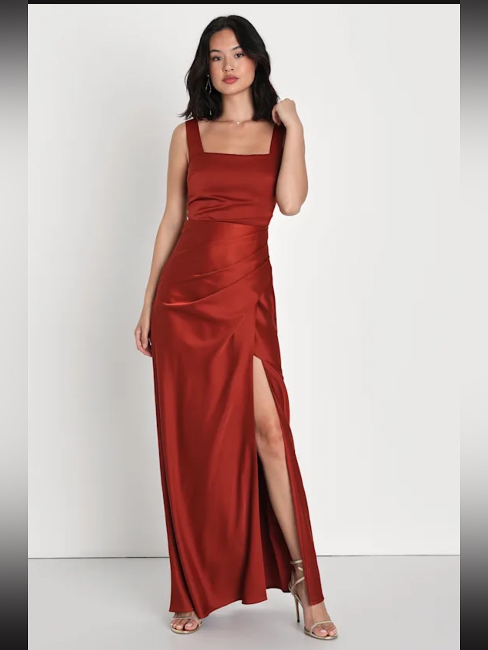 Red Carpet Romance Rust Orange Satin Square Neck Maxi Dress